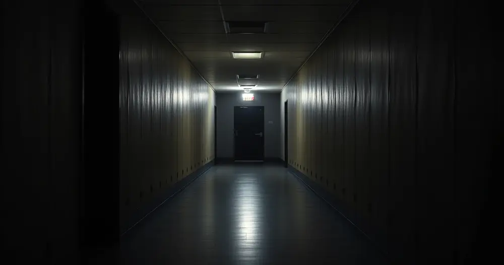 corredor escuro e vazio com uma única luz ao fundo